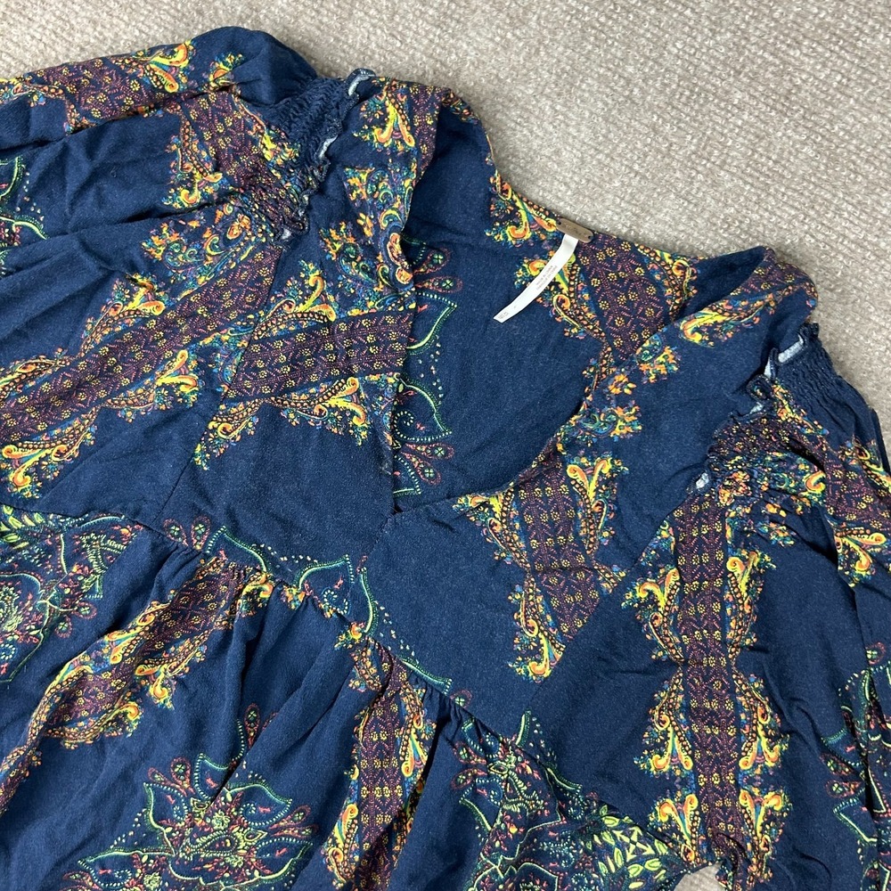 Free People Girl Talk Tunic Top Womens XS Blue Green Floral Print Pleated V Neck